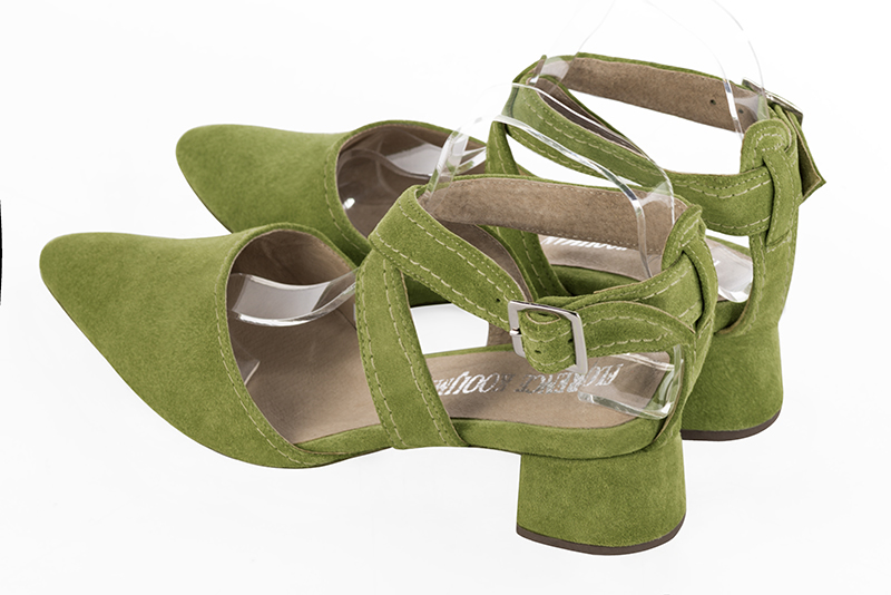 Pistachio green women's open back shoes, with crossed straps. Tapered toe. Low flare heels. Rear view - Florence KOOIJMAN
